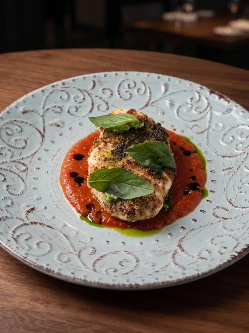 L'aubergine comme une parmigiana, légèrement fumée, sauce tomate et basilic